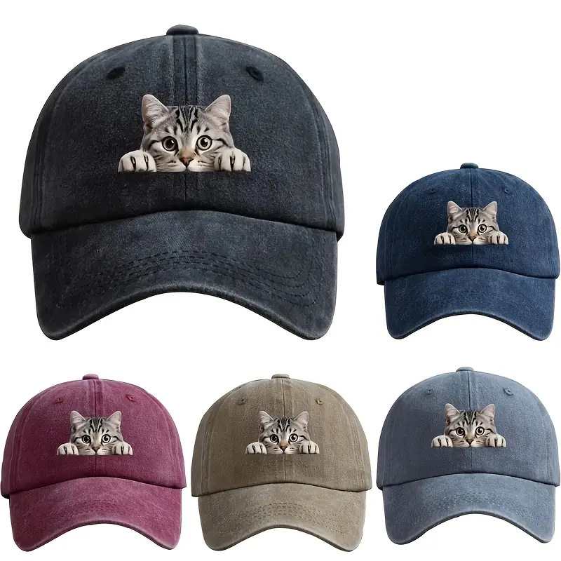 Dad Hat Cotton - Washed Cotton Black Cat Printed Duck
